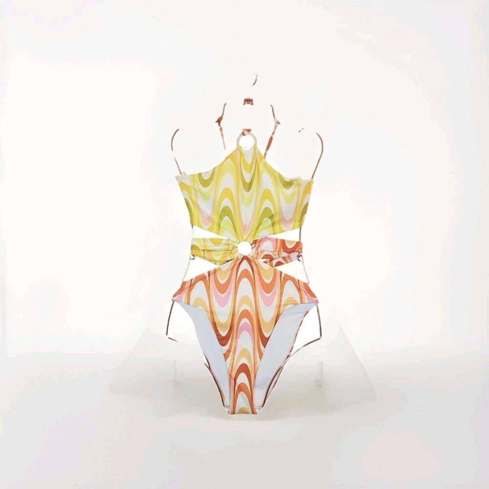 Becca Whirlpool Margot High Neck Halter One Piece Size Small Citrus Retro Print